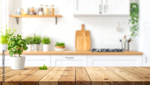 A sunlit kitchen scene with a wooden table in the foreground. A potted plant sits on the table with a few herbs