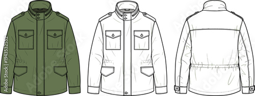 Men Military Field Jacket Technical Flat Sketch Vector Illustration Set in Front and Back View