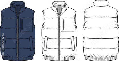 Men Puffer Vest Gilet Technical Flat Sketch Vector Illustration Set in Front and Back View