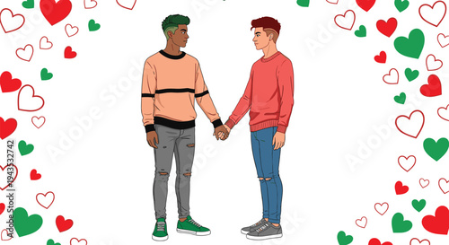 Romantic gay couple holding hands with hearts around LGBT love relationship pride equality vector illustration isolated on white background