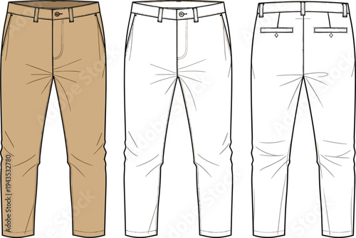 Mens Chino Trousers Technical Flat Sketch, Front and Back View, Khaki and White Pant Design Template