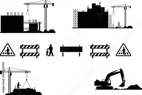 Construction site silhouette set with tower cranes, excavator, building structures, roadwork barriers, pedestrian signs, urban development, engineering equipment icons isolated on white background