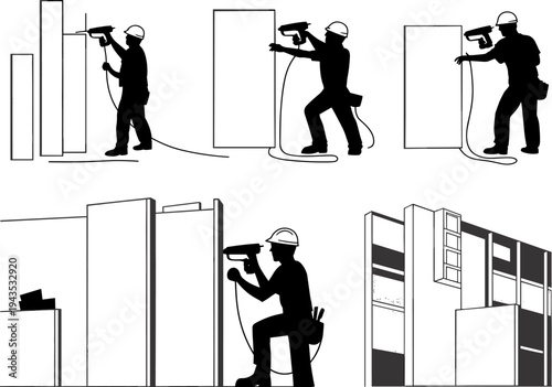 Construction worker drilling concrete wall with power drill silhouette set, builder installing panels and structural elements at building site, industrial construction work illustration