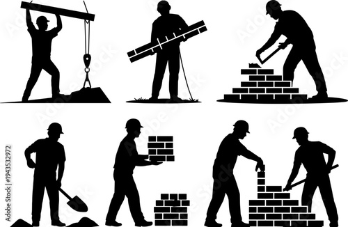 Construction workers silhouette set showing bricklaying, digging, lifting and building activities with tools, representing construction industry labor, 