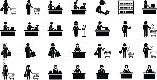 Supermarket shopping and cashier service icon set with customers carts checkout counters payment retail store vector silhouette collection