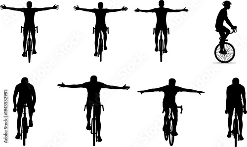 Cyclist silhouettes performing balance tricks and riding bicycle with arms spread showing cycling sport, outdoor fitness activity and professional bike rider actions