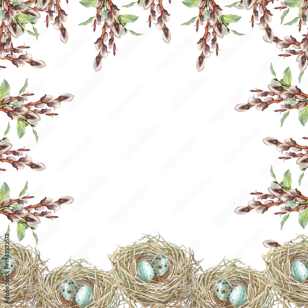 Fototapeta premium Watercolor square frame with copy space. Easter nest and blue egg and willow with green leaves on white background. Bird house made of twigs and branches. Spring decor for celebration. Mother's day