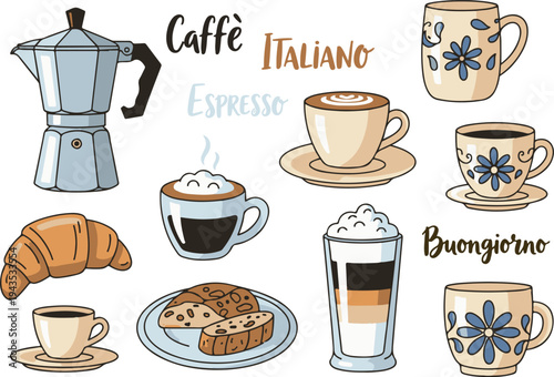 Italian Coffee Caffe Italiano, Doodle Cartoon Collection