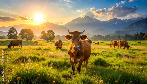 A sunlit meadow, dotted with wildflowers, features grazing cattle. Mountains rise in the distance as the sun sets. The landscape is picturesque