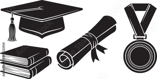 Graduation cap, diploma, books, and medal in black icons