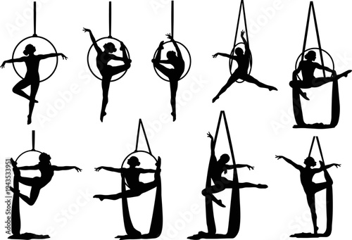 Silhouette vector illustration of women performing aerial acrobatics on hoops and silks, elegant gymnastic poses, circus art, flexibility, strength, performance design