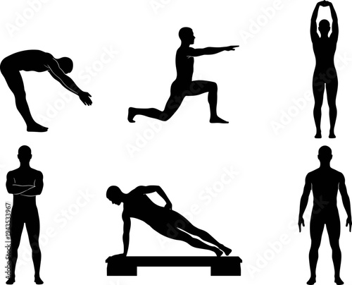 Silhouette workout poses, fitness stretching, body exercise icons, core training, warm-up movements, yoga postures, healthy lifestyle, vector illustration, black figures