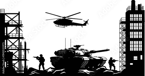 Silhouetted scene of urban warfare featuring a modern heavy tank, two armed soldiers on patrol, and a military helicopter flying over a destroyed industrial city landscape, black and white vector 