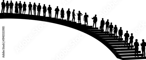 Silhouettes of a large group of people walking up and down a long, curving outdoor staircase, vector illustration of crowd movement, career path, or urban infrastructure graphic.