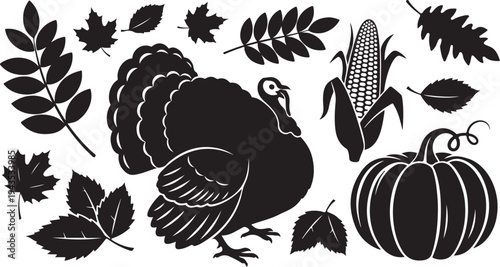 Black and white Thanksgiving icons with turkey and leaves
