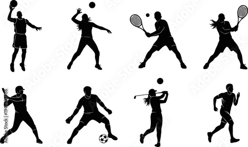 Silhouettes of athletes playing basketball, volleyball, tennis, baseball, soccer, golf, and running, representing various popular sports vector illustration set