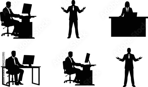 Silhouettes of businessmen and businesswomen working at computers, sitting at desks, and standing with open arms, corporate office workers vector illustration set