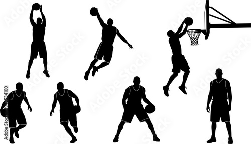 Silhouettes of male basketball players in action poses, including shooting, dribbling, and dunking the ball, representing professional sport vector illustration set