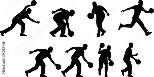 Silhouettes of male bowlers in various action poses, throwing the ball down the lane and celebrating, representing the sport of bowling vector illustration set