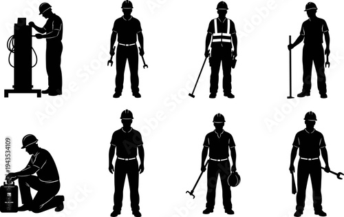 Silhouettes of male construction workers and industrial laborers wearing hard hats and safety vests, vector illustration set of manual jobs and engineering profession icons, black and white.