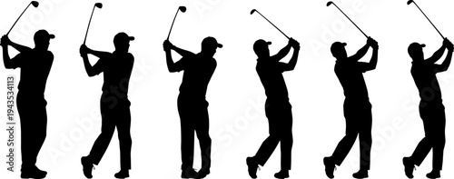 Silhouettes of male golfers performing a powerful full golf swing motion, representing professional sports, fitness, and tournament competition vector illustration set