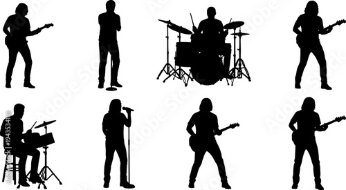 Silhouettes of male musicians playing electric guitar and drums, including a lead singer with a microphone, live rock band performance vector illustration set