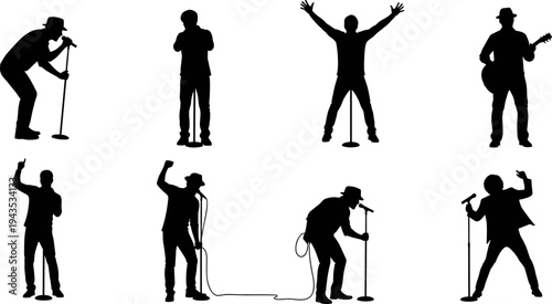 Silhouettes of male singers, a musician with a guitar, and performers holding microphones, vector illustration set of music, concert, and entertainment industry icons, black and white.