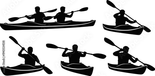 Silhouettes of male paddlers kayaking and canoeing with paddles in hand, representing water sports, outdoor activities, and recreation vector illustration set