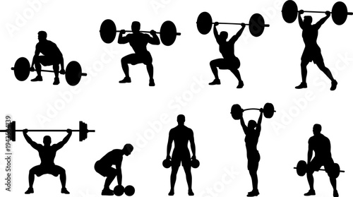 Silhouettes of men weightlifting, powerlifting, and exercising with barbells and dumbbells, vector illustration for fitness, bodybuilding, gym training, and sports design concepts