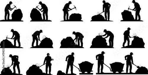 Silhouettes of miners and excavators working in a mine, vector illustration set of industrial workers digging ore with pickaxes and shovels, manual labor job graphic assets.