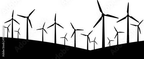 Silhouettes of multiple wind turbines and mills standing on a large hill, generating clean renewable energy, power generation vector illustration set