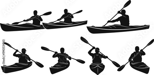 Silhouettes of people kayaking and canoeing in various positions, paddling in different directions, representing water sports and recreation vector illustration set