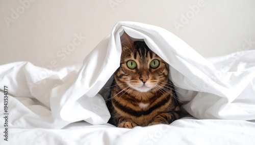 A stunning domestic feline gazes intently from beneath a crisp, white sheet, exhibiting gorgeous coat patterns