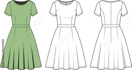 Women Short Sleeve A-Line Dress Fashion Flat Sketch Illustration, Front and Back View