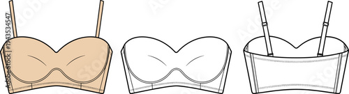 Women Strapless Bandeau Bra Technical Flat Sketch Vector Illustration Set in Front and Back View