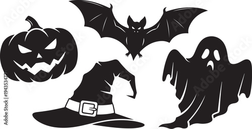 Halloween symbols including pumpkin, bat, ghost, and witch hat