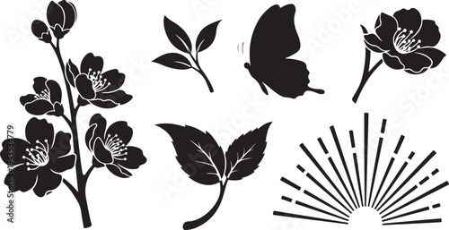 Black and white floral silhouettes with butterfly and sun