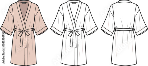 Women's Bathrobe Technical Flat Sketch, Kimono Robe Front and Back View, Sleepwear Design Template