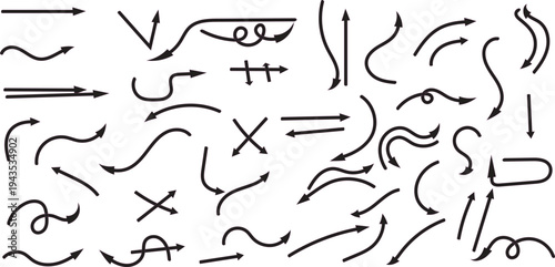 Collection of hand drawn arrows and symbols on white background