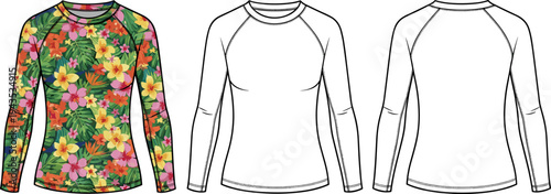 Women's Long Sleeve Raglan Rash Guard Technical Sketch with Tropical Floral Pattern and Flat Vector Template