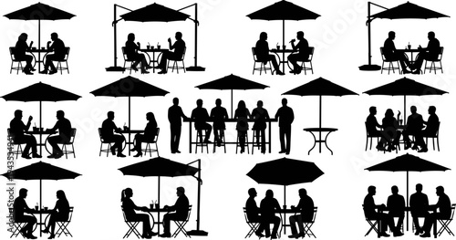 Silhouettes of people sitting at outdoor cafes and restaurants under umbrellas, enjoying meals, drinks, and conversations at tables, isolated vector illustration set