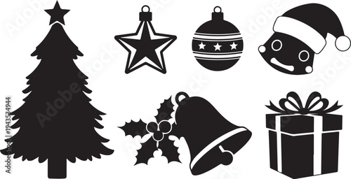 Christmas icons and symbols in black silhouette style