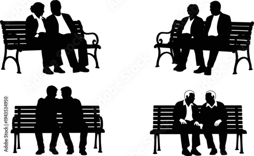 Silhouettes of people sitting and talking on park benches, illustrating peaceful outdoor communication, companionship, social interaction, community bonding, lifestyle concepts, vector illustration