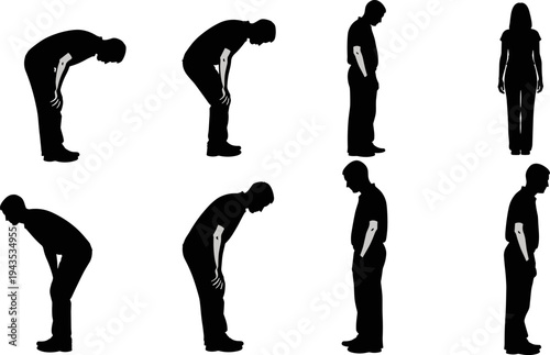 Silhouettes of people standing, leaning, hunched posture, fatigue gesture, black vector, emotional body language, human figure, behavioral pose, white background