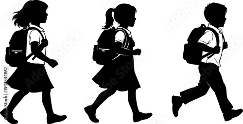Silhouettes of school children with backpacks walking or running, vector illustration set of young students going to school, back to school minimal style black icons.  