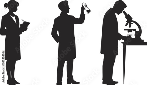 Silhouettes of scientists working in laboratory, male and female researchers experimenting, analyzing samples, and studying through microscope, science and research concept illustration