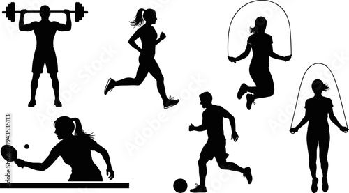 Silhouettes of various athletes performing fitness exercises and sports, including weightlifting, running, jump rope, soccer, and table tennis, vector illustration set