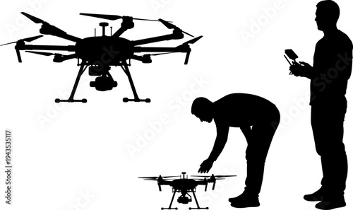 Silhouettes of two people operating and preparing a large professional multi-rotor camera drone (UAV/Quadcopter) with a remote controller, aerial filming vector illustration, black graphic.