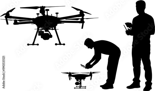 Silhouettes of two people operating and preparing a professional camera drone (UAV/Quadcopter) with remote controls, illustrating aerial photography and modern technology, black vector graphic.