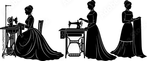 Silhouettes of Victorian women in long dresses operating vintage mechanical sewing machines, vector illustration set of female seamstresses, retro fashion, and historical textile production icons.
